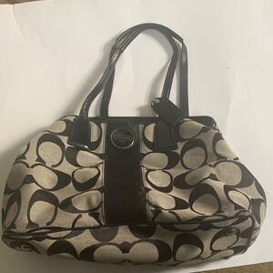 Coach Canvas Shoulder Bag in Beige and Black with Signature C Pattern